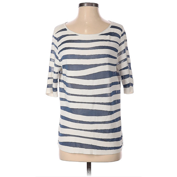 Lafayette 148 Womens Size Petite PP Blue White Stripe Top Abstract Mesh Detail - Picture 1 of 6